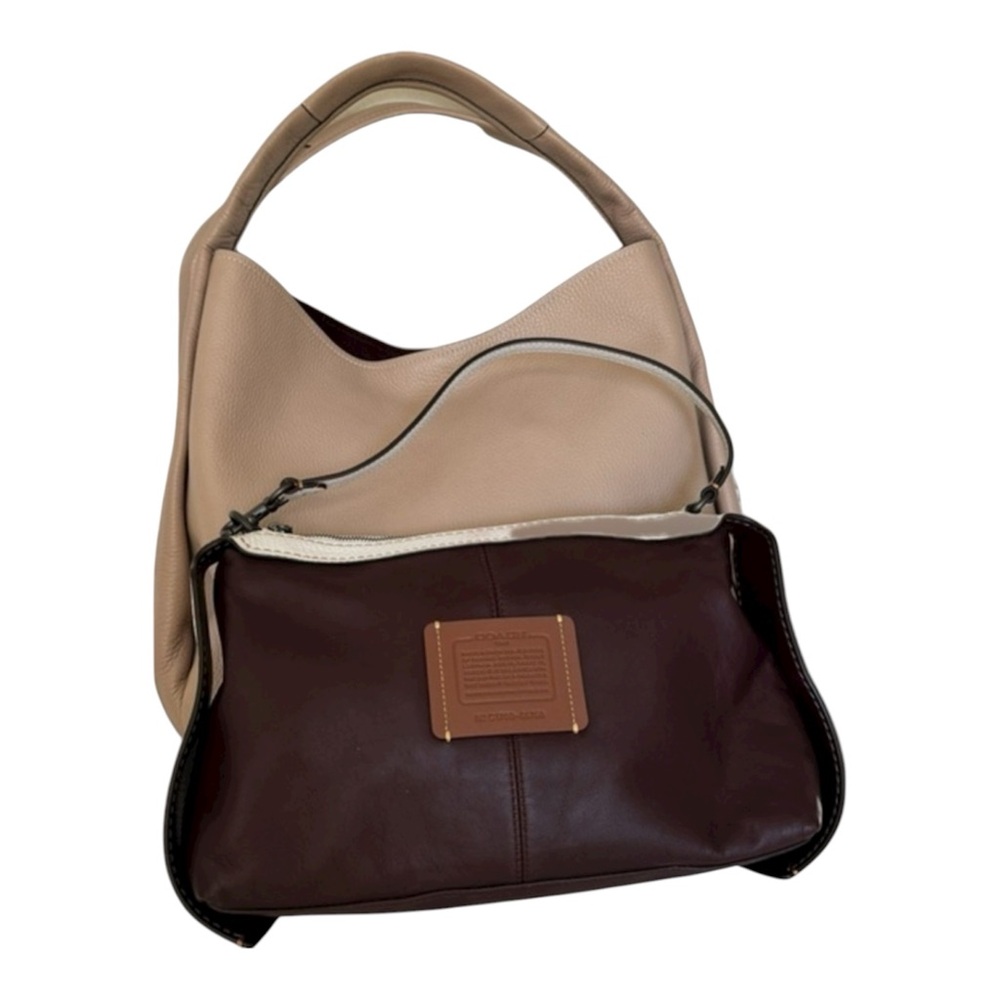 Coach Tan Nude Shoulder Bag with Burgundy Red Snap In Mini Wristlet Mini Purse